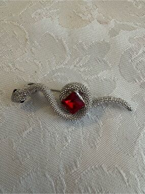 Silver Snake Brooch with Red Gemstone